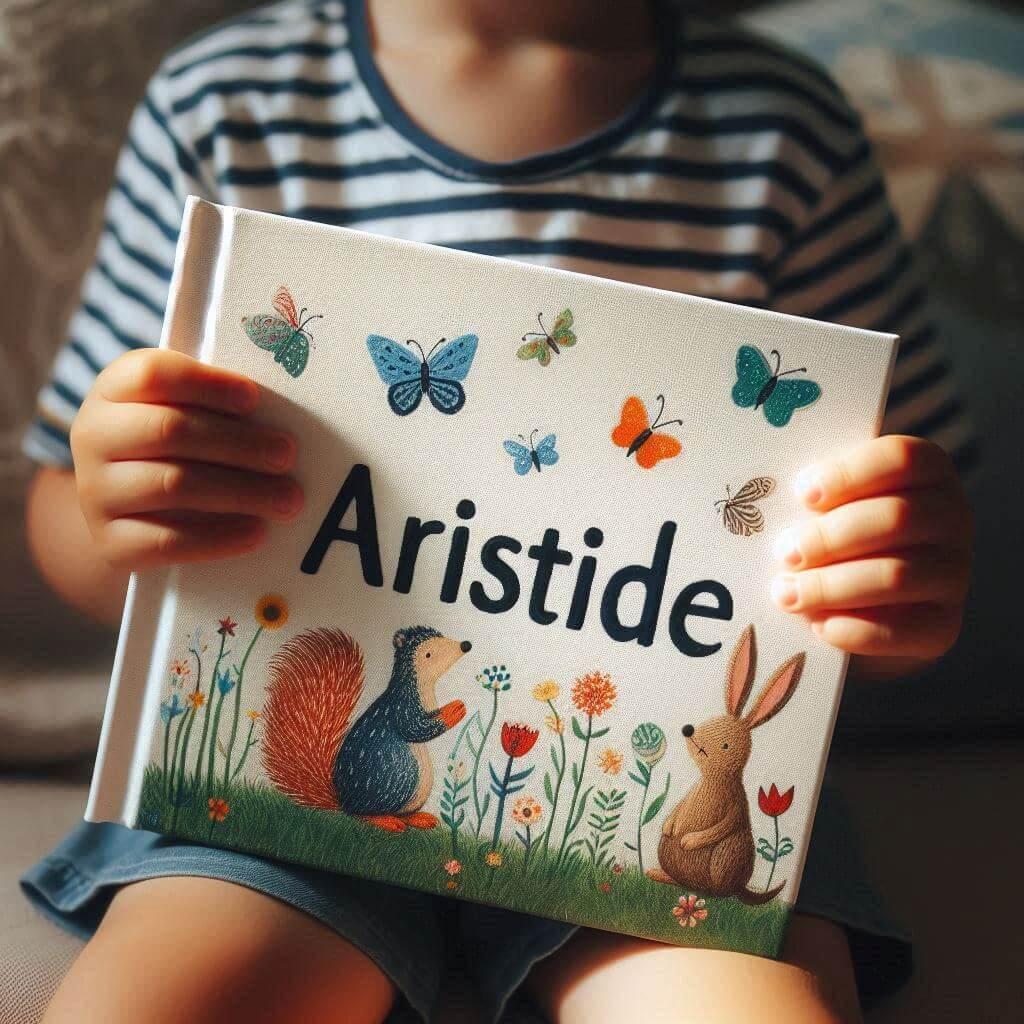 Le prenom aristide ecrit sur un livre pour enfant