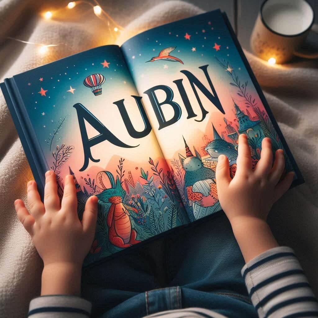 Le prenom aubin ecrit sur un livre de conte pour enfant
