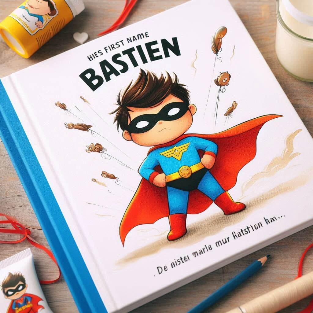 Le prenom bastien ecrit sur un livre de super heros pour enfant