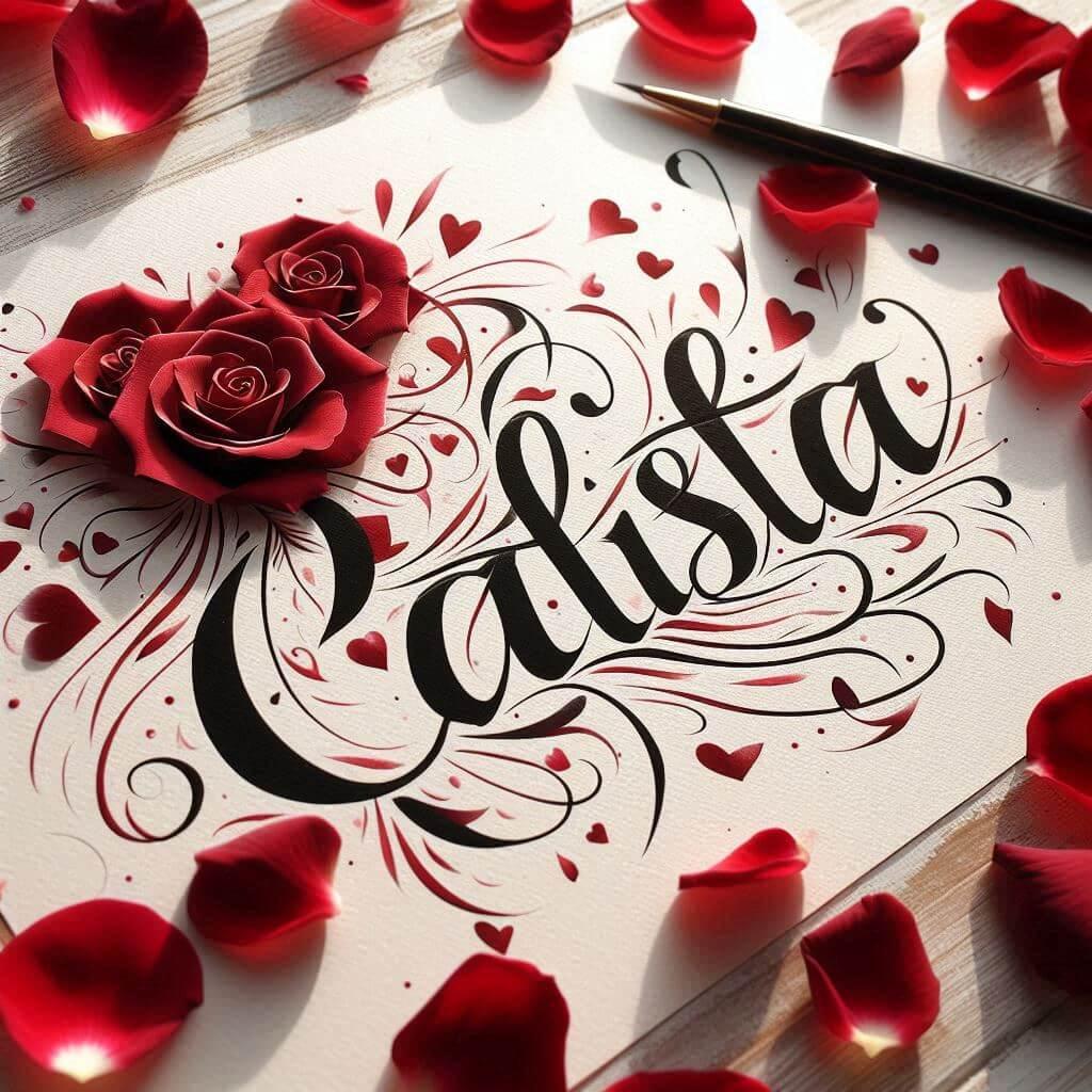 Le prenom calista ecrit en calligraphie sur un papier avec des c urs dessines en rouge et des petales de roses inspire de l amour 2 1