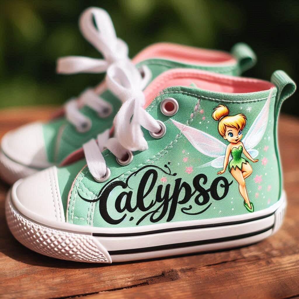 Le prenom calypso ecrit sur des baskets de petite fille sur le theme de la fee clochette