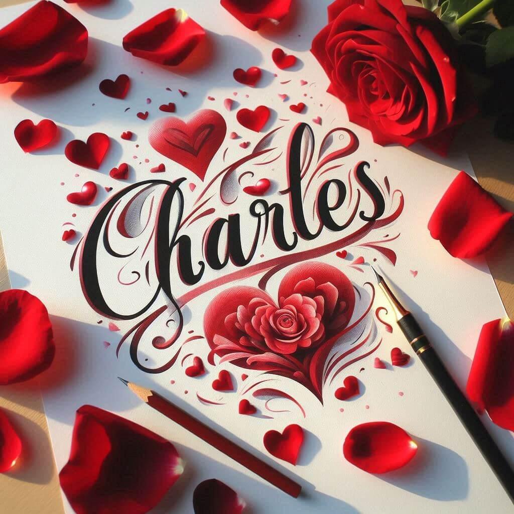 Le prenom charles ecrit en calligraphie avec des c urs dessines en rouge et des petales de roses inspire de l amour