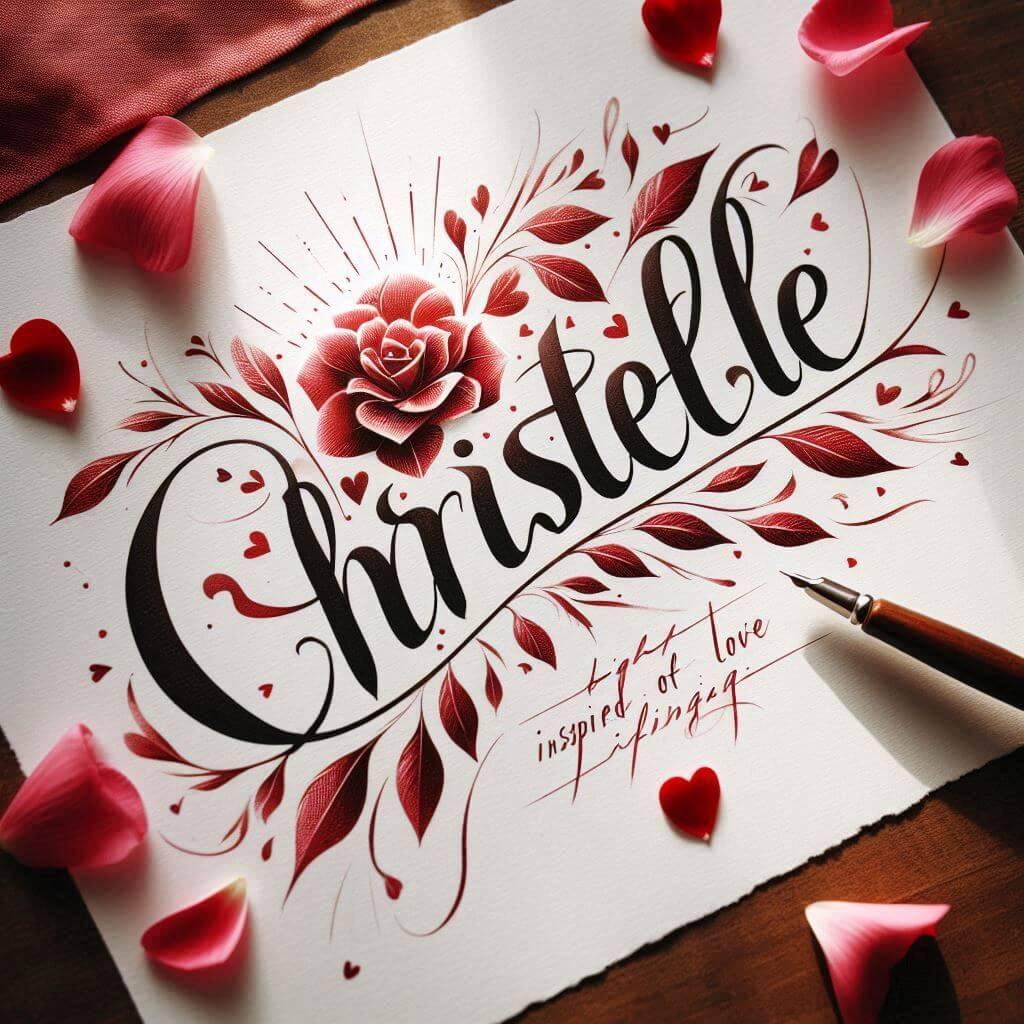 Le prenom christelle ecrit en calligraphie sur un papier avec des c urs dessines en rouge et des petales de fleurs amour