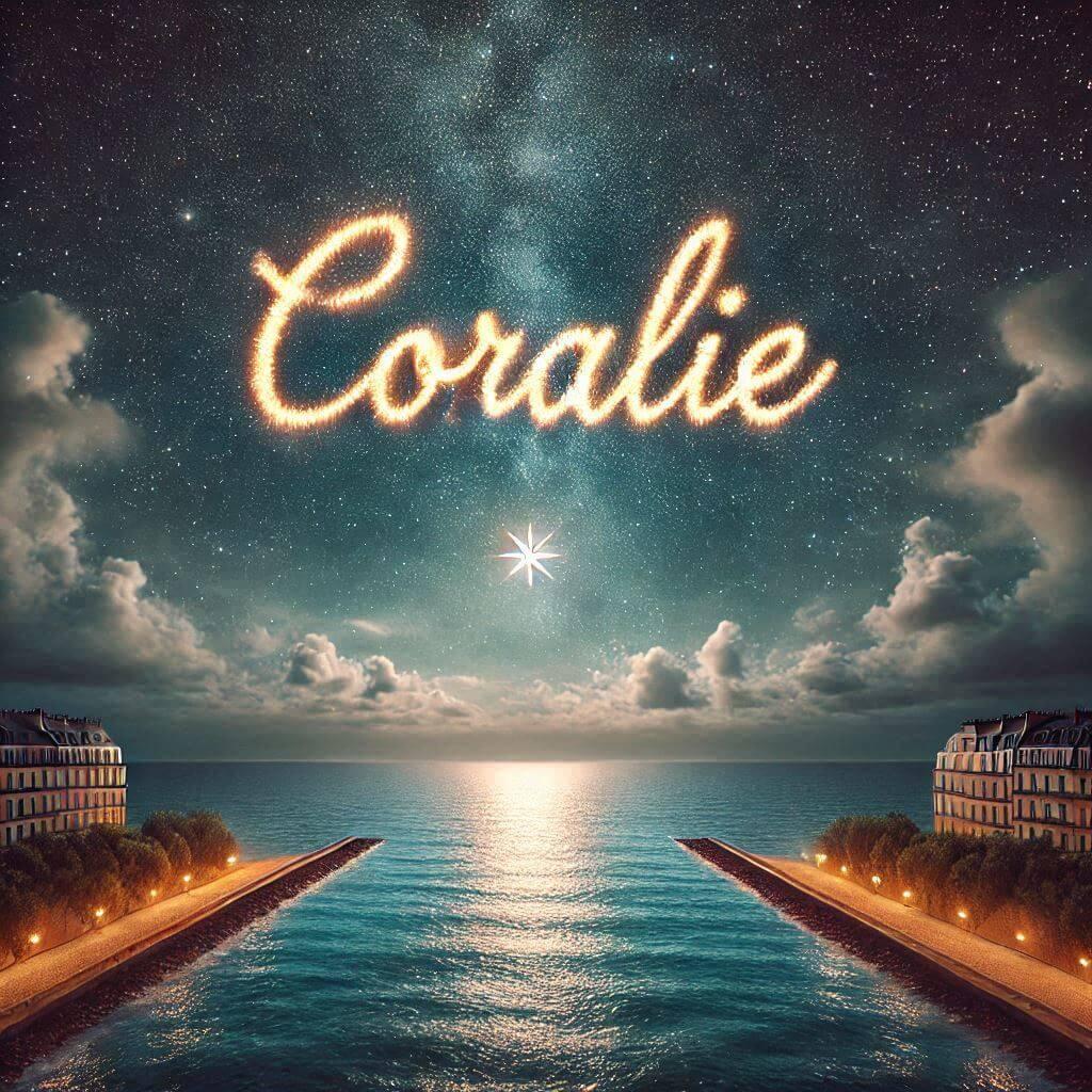 Le prenom coralie ecrit dans le ciel avec une petite etoile allumee