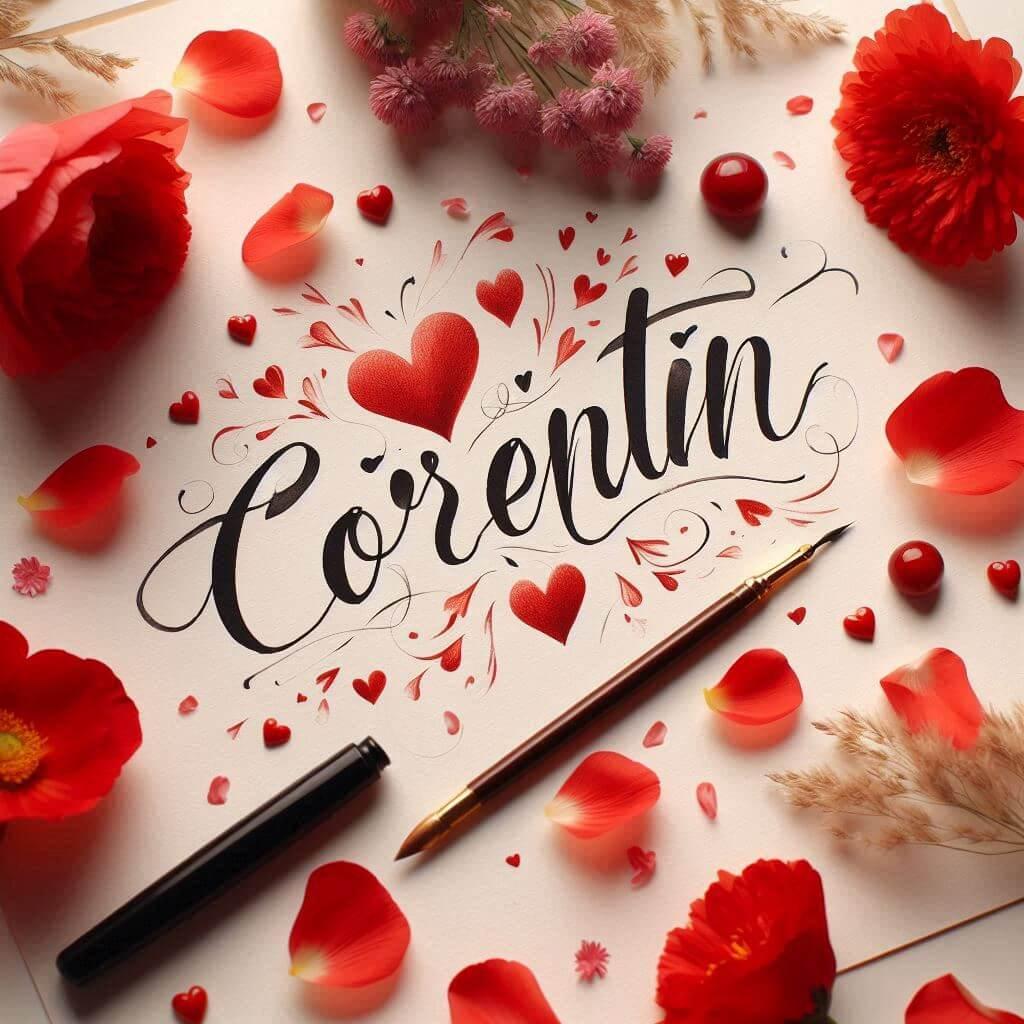 Le prenom corentin ecrit en calligraphie sur un papier avec des c urs dessines en rouge et des petales de fleurs inspire de lamour 1