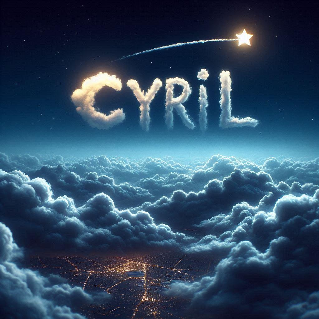 Le prenom cyril ecrit dans les nuages avec une petite etoile allumee dans le ciel