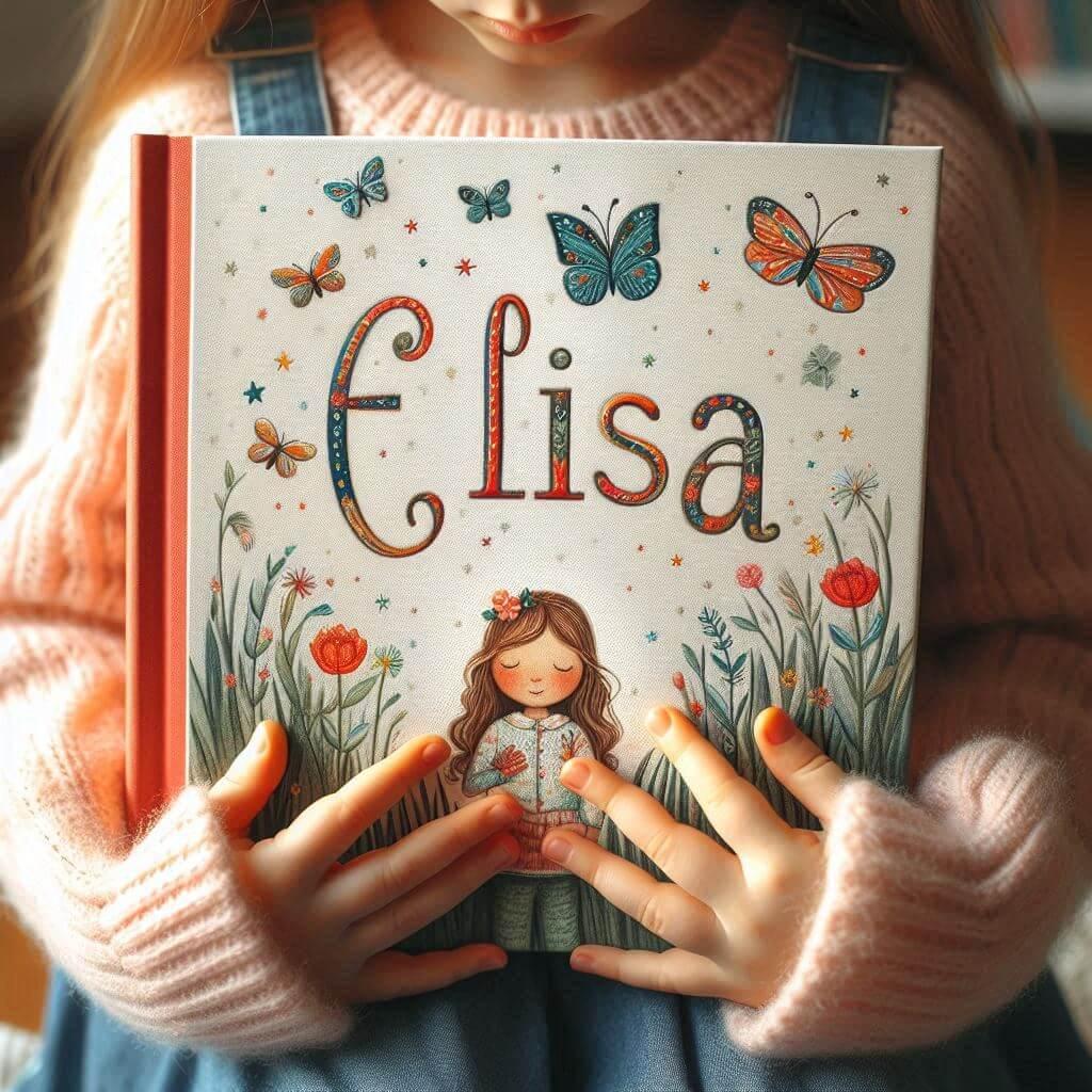 Le prenom elisa ecrit sur un livre pour enfant tenu dans les mains d une petite fille 1