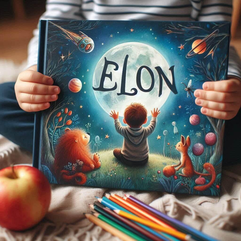 Le prenom elon ecrit sur un livre de conte pour enfant