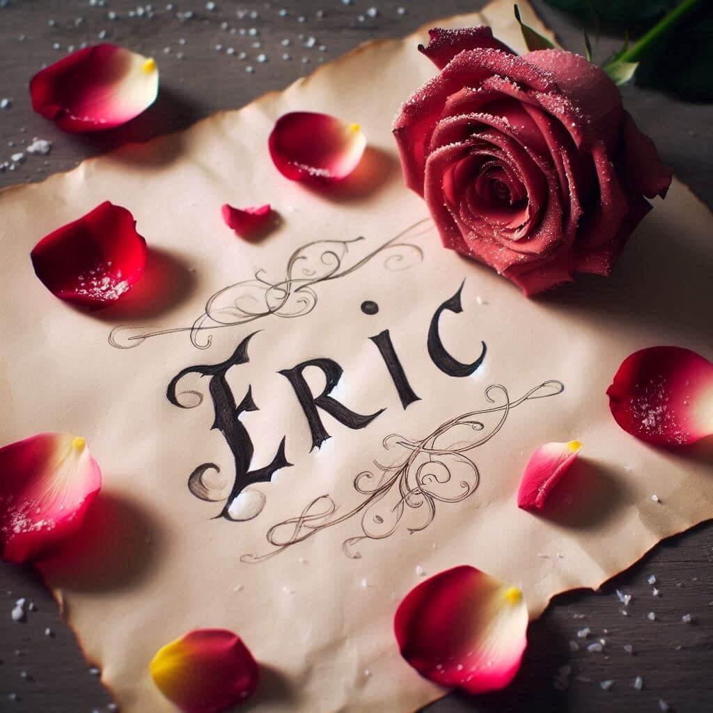 Le prenom eric ecrit sur un papier avec des petales de roses parsemees