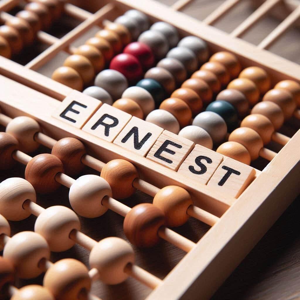 Le prenom ernest ecrit sur un jouet en bois boulier