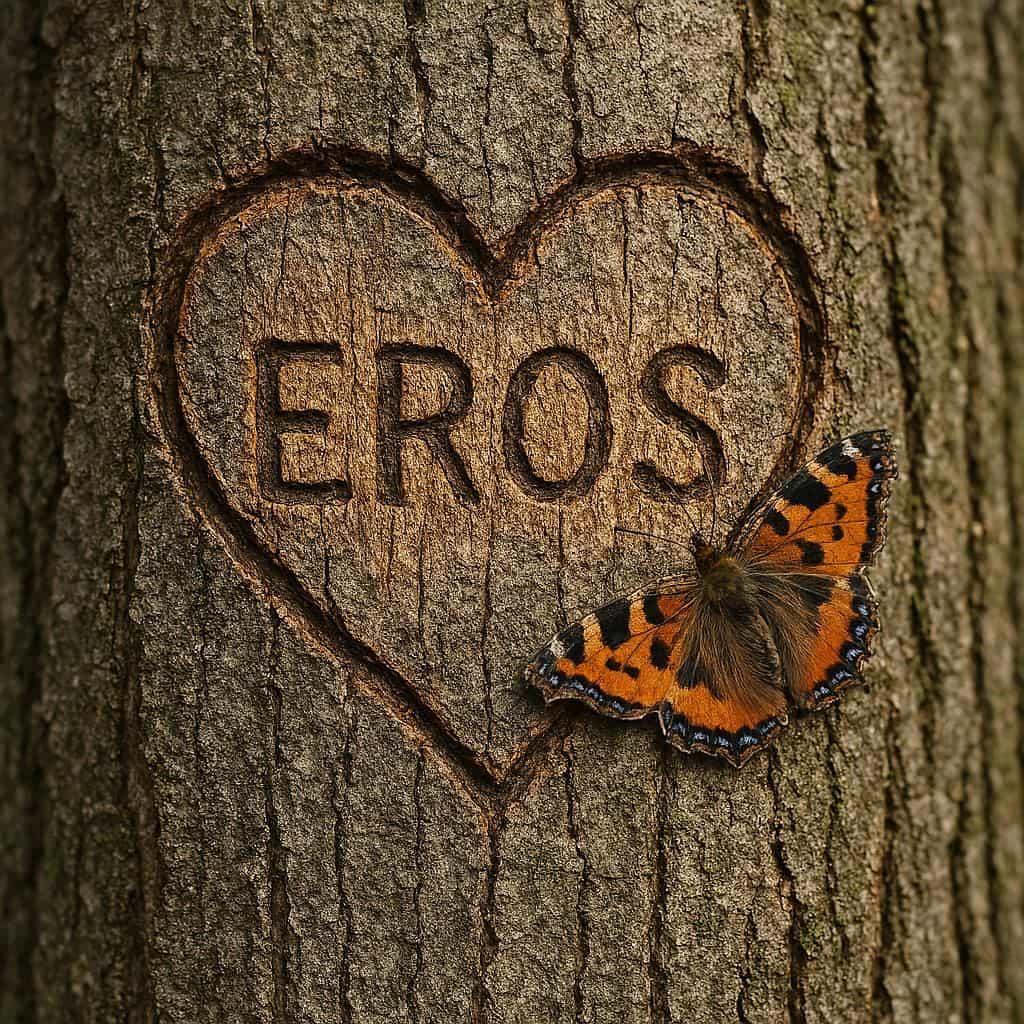 Le prenom eros grave dans l ecorce d un arbre avec un petit papillon