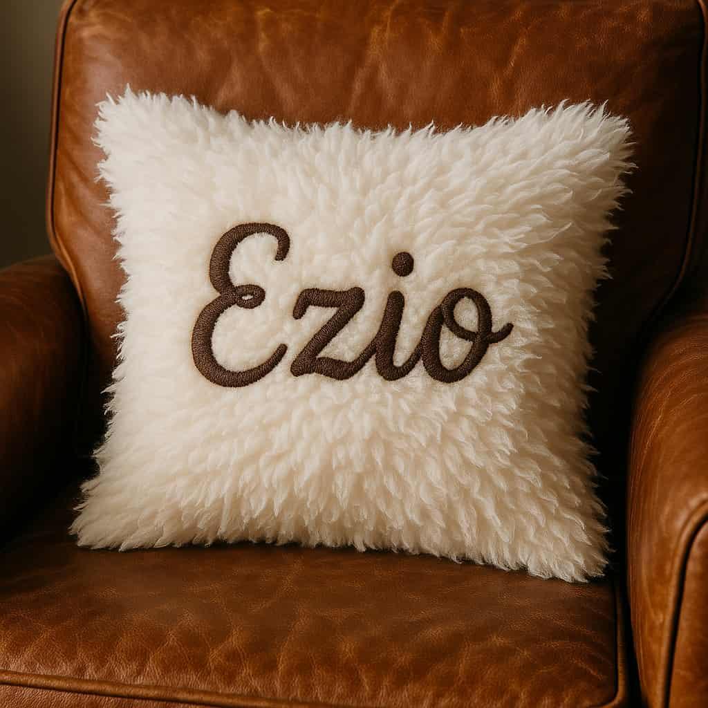 Le prenom ezio ecrit sur un coussin duveteux