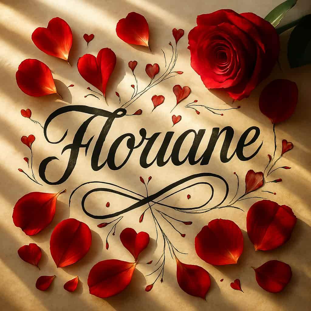 Le prenom floriane ecrit en calligraphie sur un papier avec des coeurs dessines en rouge et des petales de roses inspire de l amour