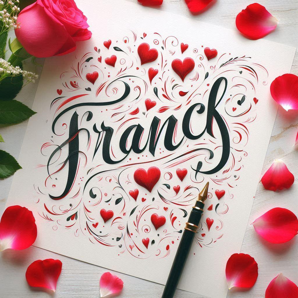 Le prenom franck ecrit en calligraphie sur un papier avec des c urs dessines en rouge et des petales de fleurs inspire de l amour 2