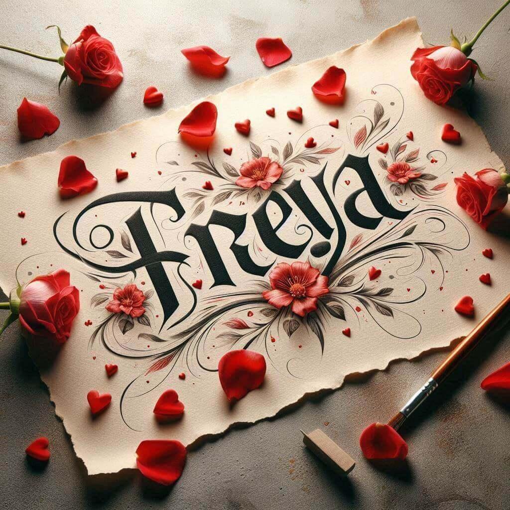 Le prenom freya ecrit en calligraphie sur un papier amour