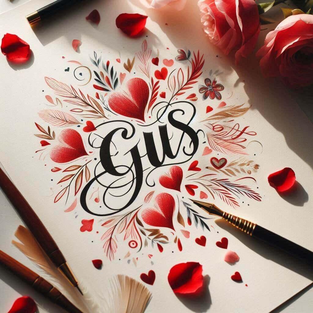 Prénom Gus en calligraphie sur papier inspiré de l'amour.