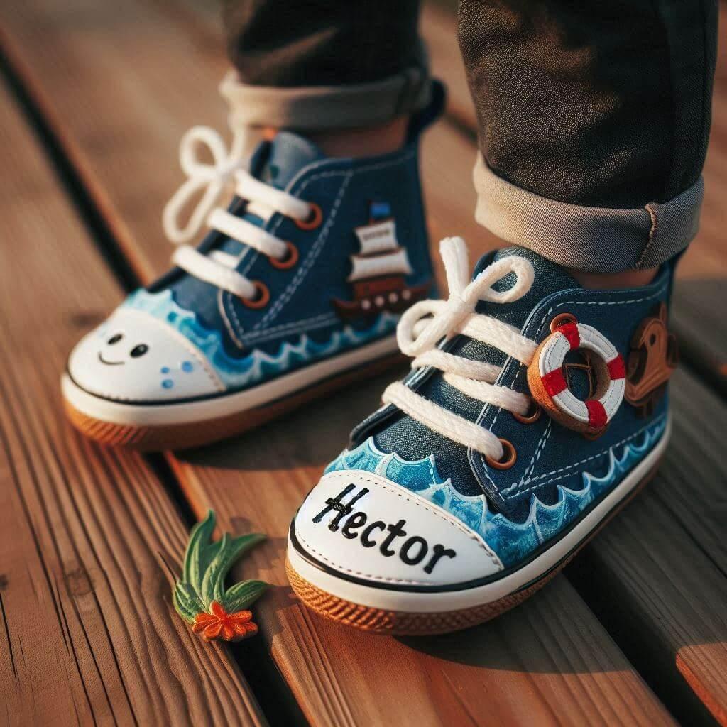 Le prenom hector sur des chaussures de petit garcon sur le theme de la mer