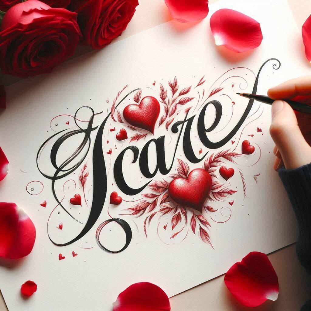Le prenom icare ecrit en calligraphie sur un papier avec des petales inspire de l amour