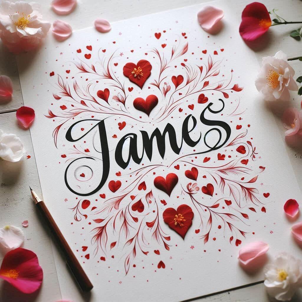 Le prenom james ecrit en calligraphie sur un papier avec des c urs dessines en rouge et des petales de fleurs inspire de l amour 1 1