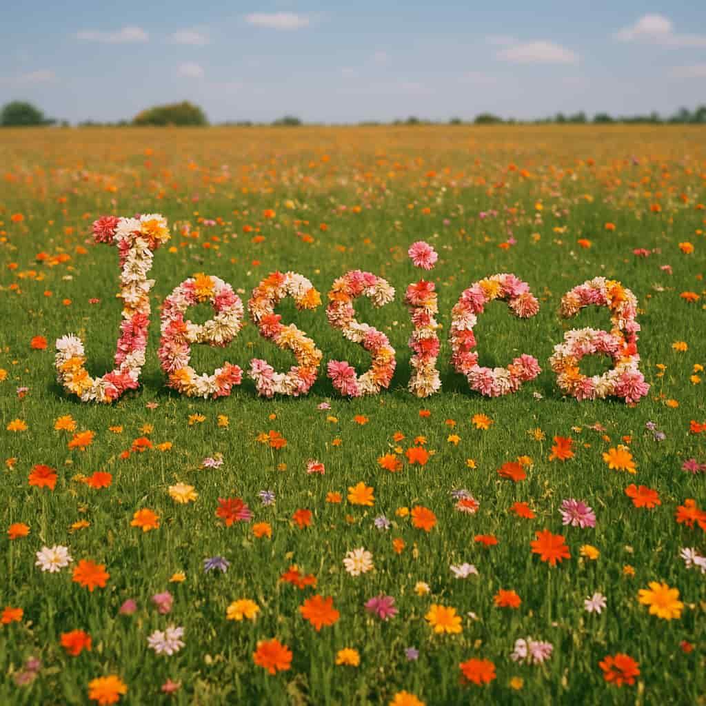 Le prenom jessica ecrit avec des fleurs dans un champs de fleurs