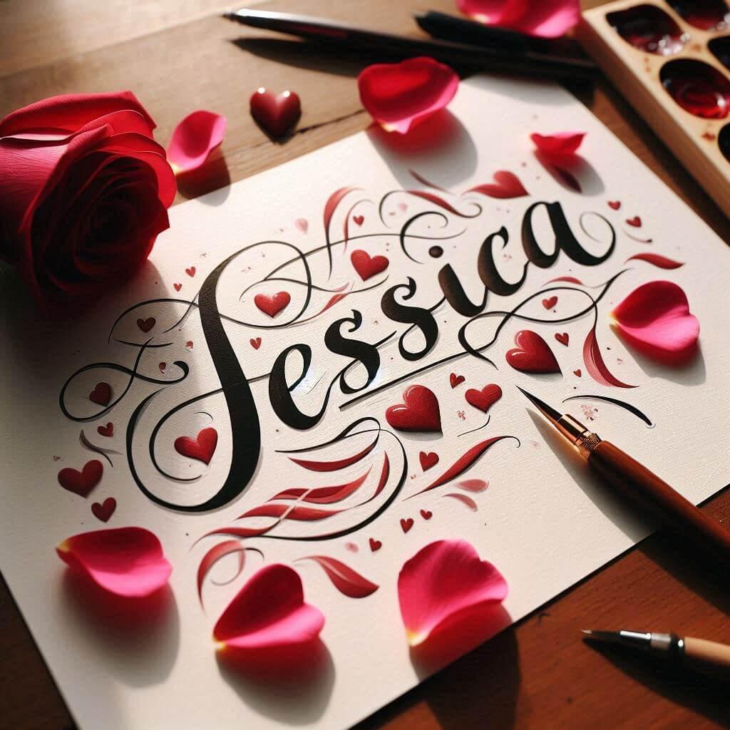 Le prenom jessica ecrit en calligraphie sur un papier avec des c urs dessines en rouge et des petales de roses inspire de l amour 1