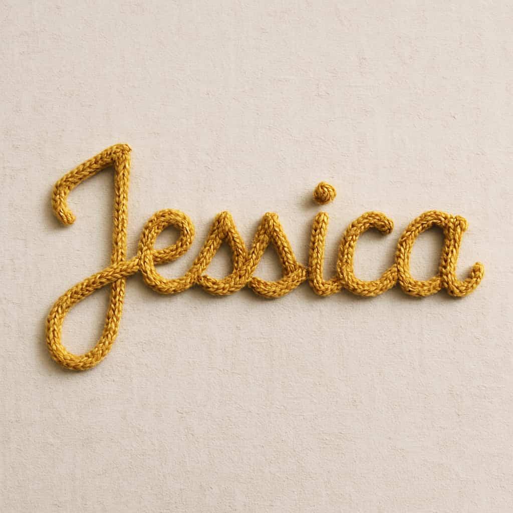 Le prenom jessica ecrit en tricotin couleur moutarde