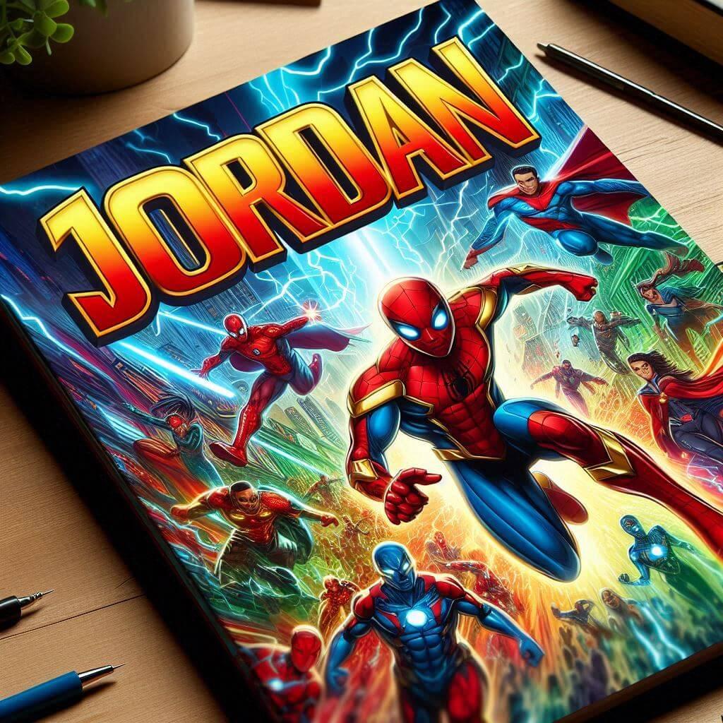 Le prenom jordan ecrit sur un livre de super heros pour enfant