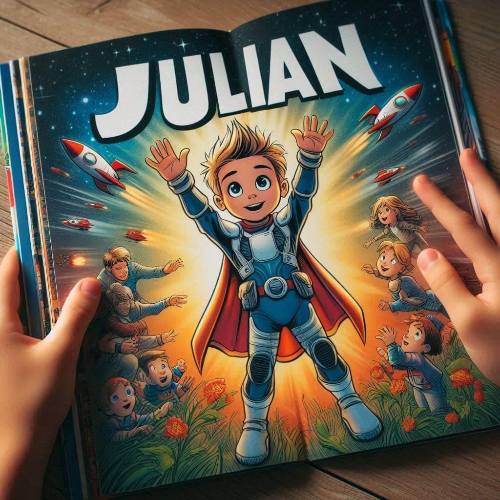 Le prenom julian personnalise sur un livre de bande dessinee pour enfant