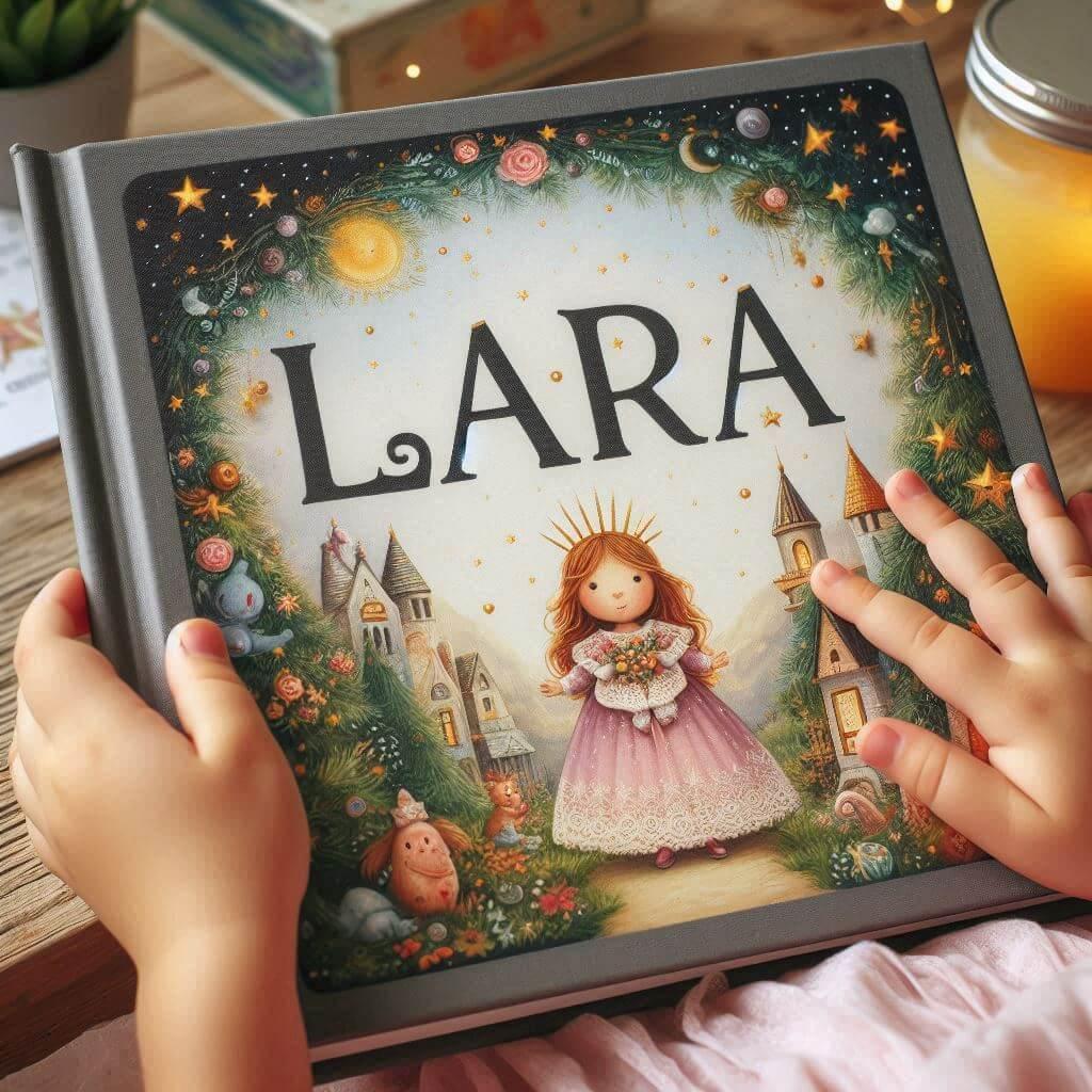 Le prenom lara ecrit sur un livre de conte pour enfant