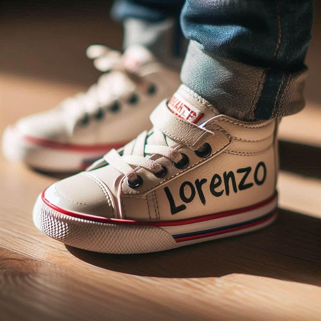 Le prenom lorenzo ecrit sur des baskets de petit garcon