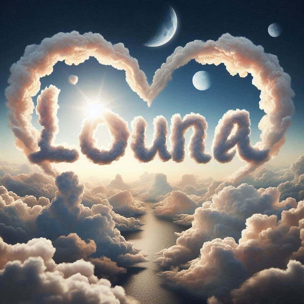 Le prenom louna ecrit avec les nuages dans le ciel avec des nuages en forme de coeur 1 1