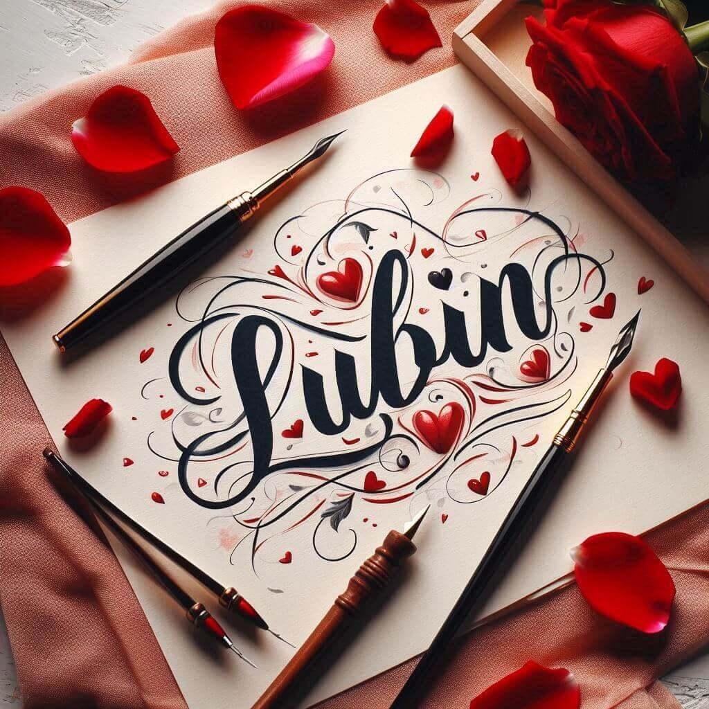 Le prenom lubin ecrit en calligraphie sur un papier avec des c urs rouges et des petales de rose