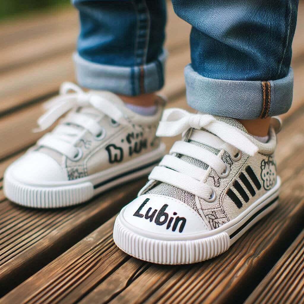 Le prenom lubin ecrit sur des baskets d enfant portees par un garcon 1 1