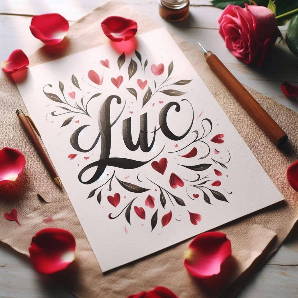 Le prenom luc ecrit en calligraphie sur un papier avec des c urs dessines en rouge et des petales de roses inspire de l amour 1
