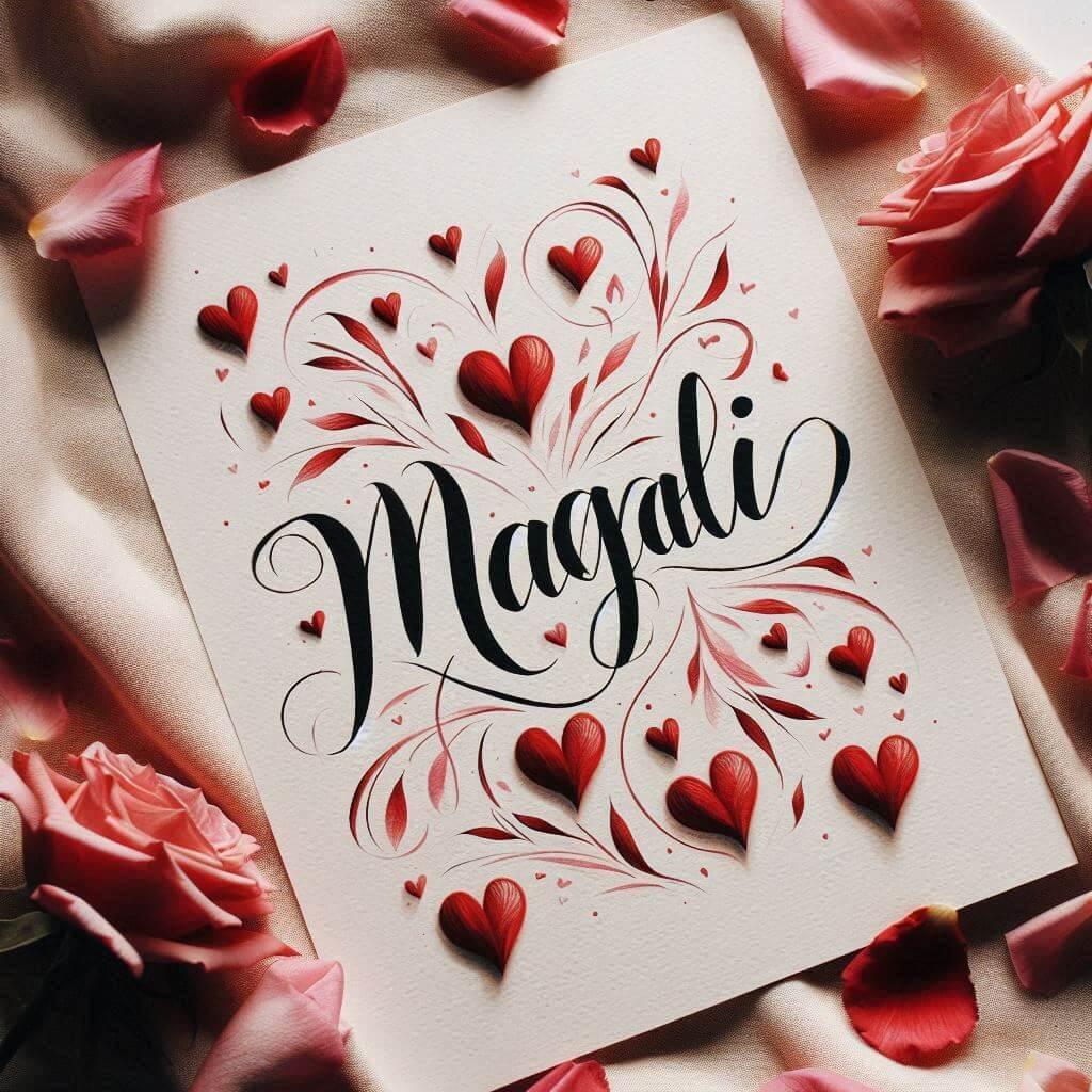 Le prenom magali ecrit en calligraphie sur un papier avec des c urs dessines en rouge et des petales de roses inspire de l amour 1 1