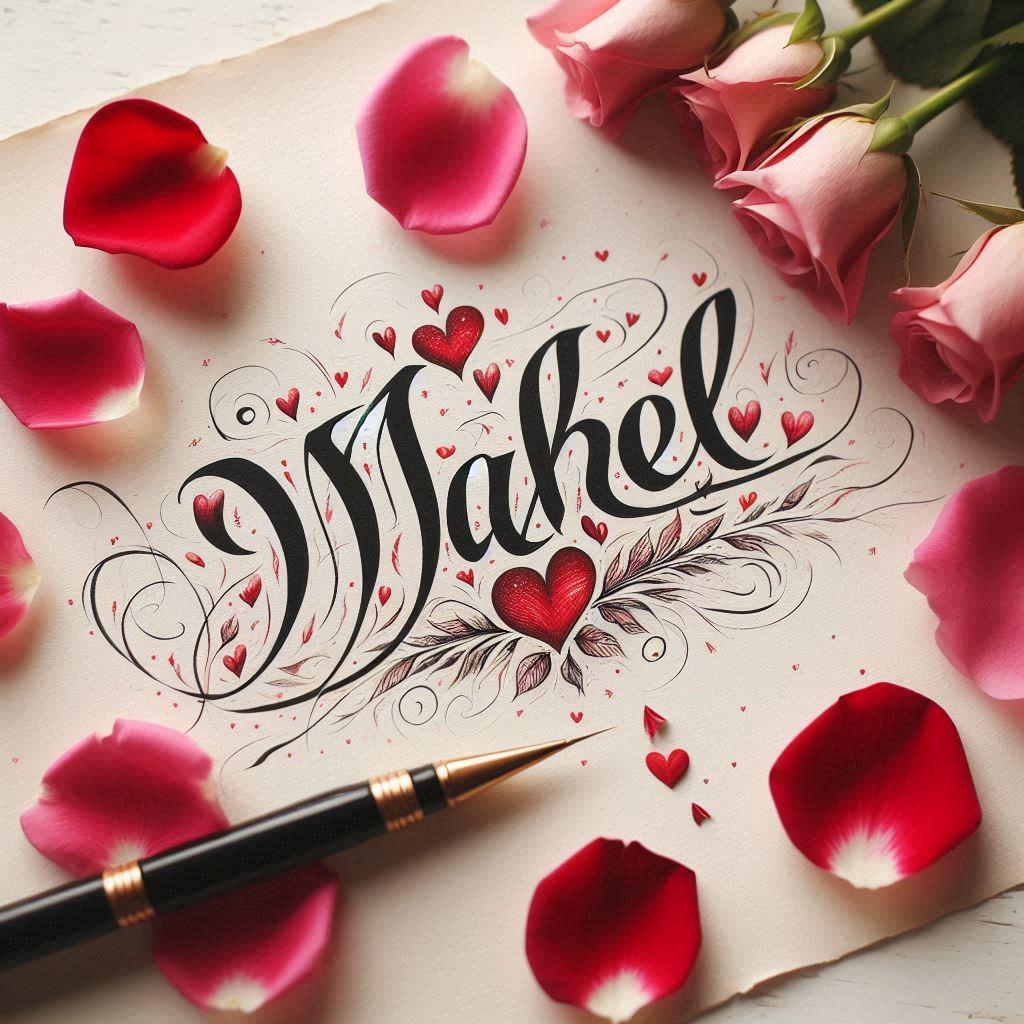 Le prenom mahel ecrit en calligraphie sur un papier avec des c urs dessines en rouge et des petales de roses inspire de lamour 1
