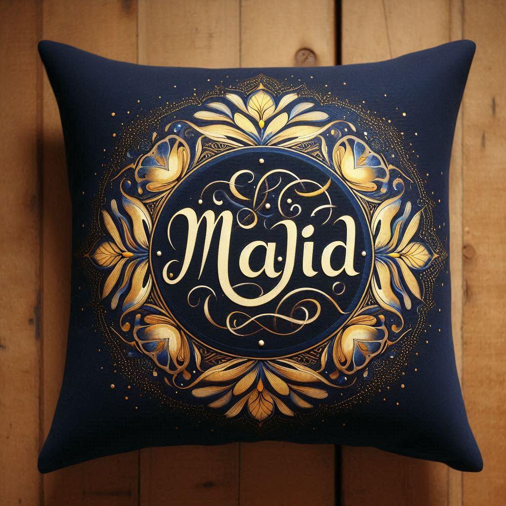 Le prenom majid ecrit en francais en calligraphie sur un coussin bleu nuit et jaune
