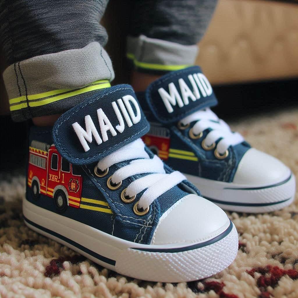Le prenom majid ecrit sur des baskets d enfant porte par un petit garcon theme pompier