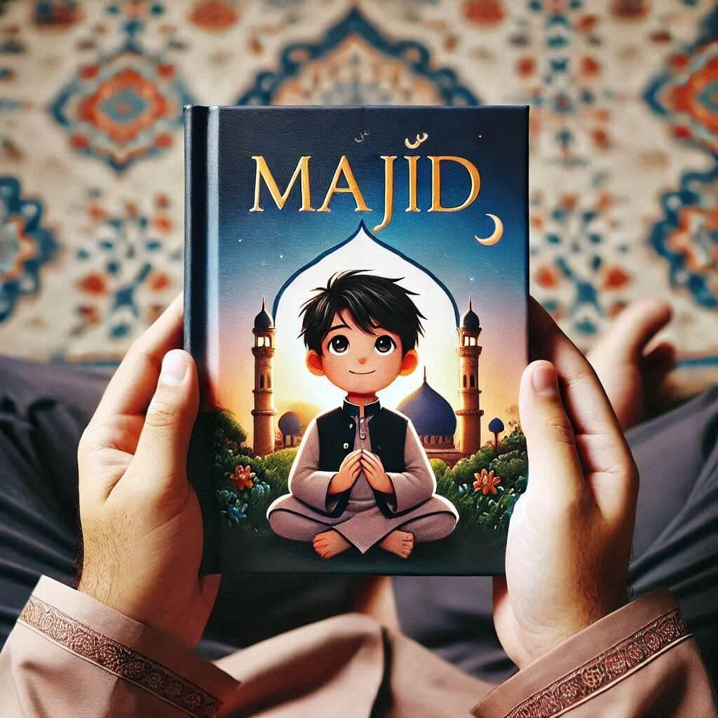 Le prenom majid sur une couverture de livre pour enfants dans les mains dun garcon