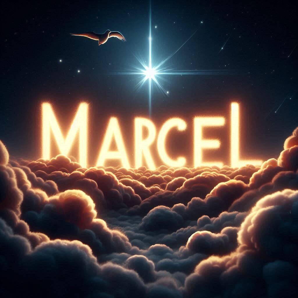 Le prenom marcel ecrit dans les nuages avec une petite etoile allumee