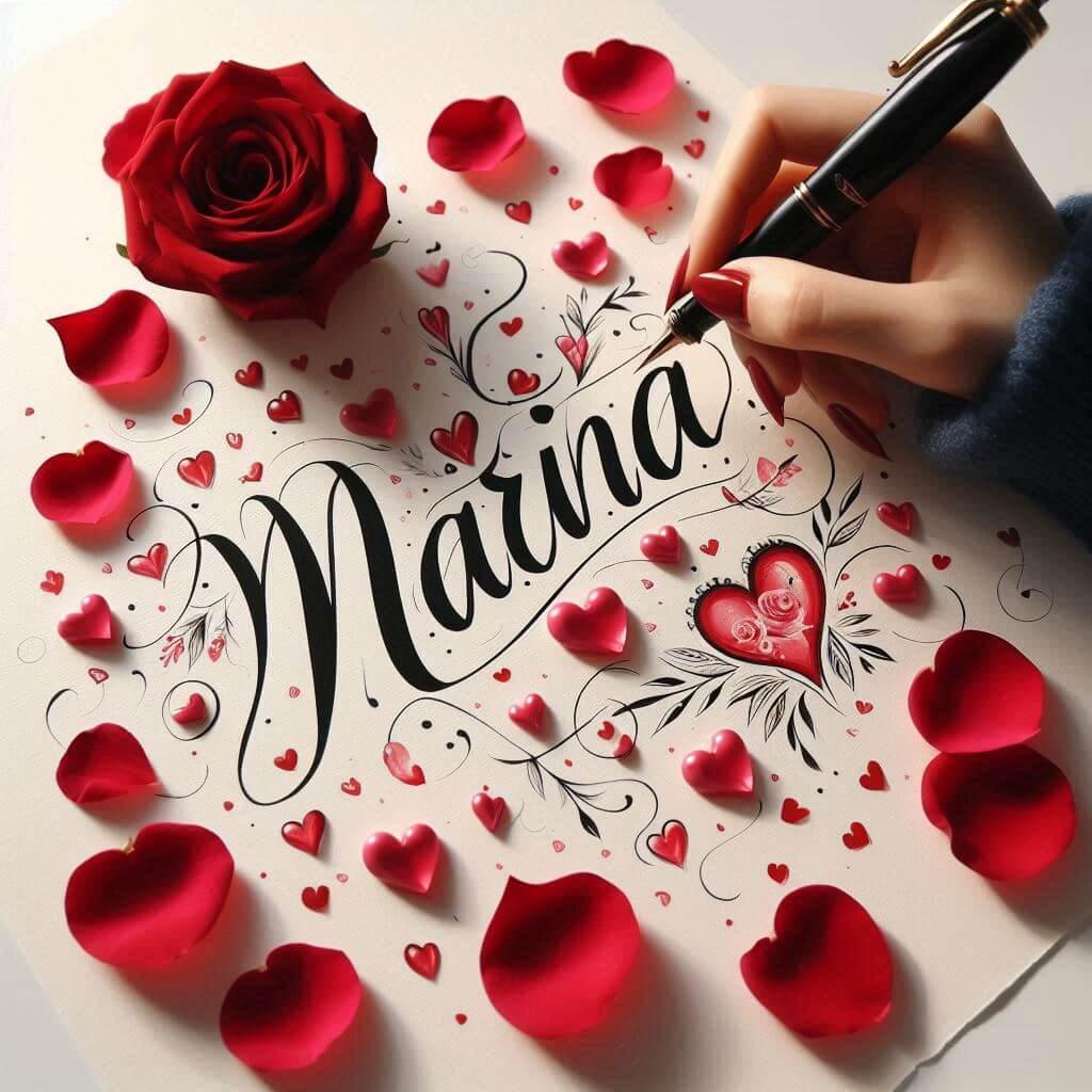 Le prenom marina ecrit en calligraphie sur un papier avec des c urs dessines en rouge et des petales de roses inspire de l amour 1