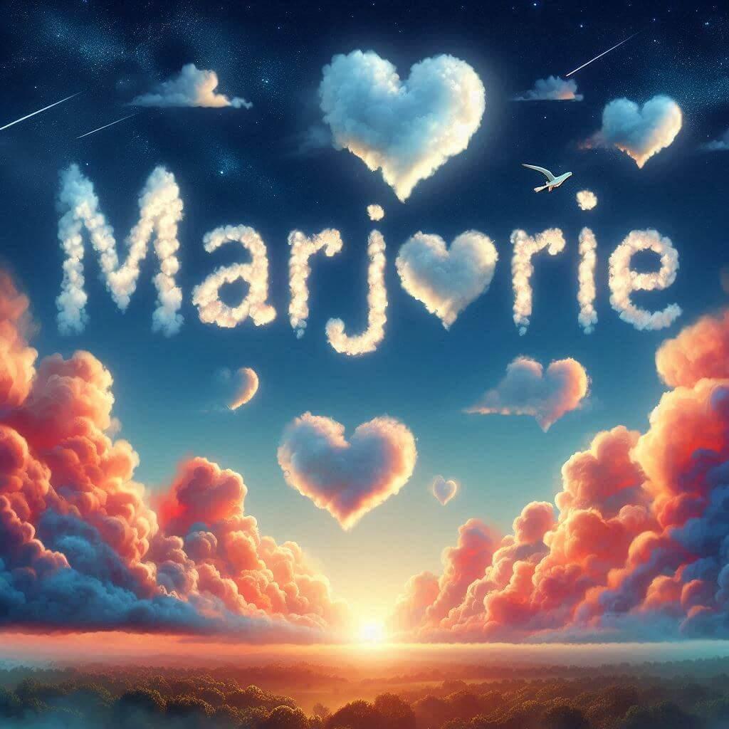 Le prenom marjorie ecrit avec les nuages dans le ciel avec des nuages en forme de coeur
