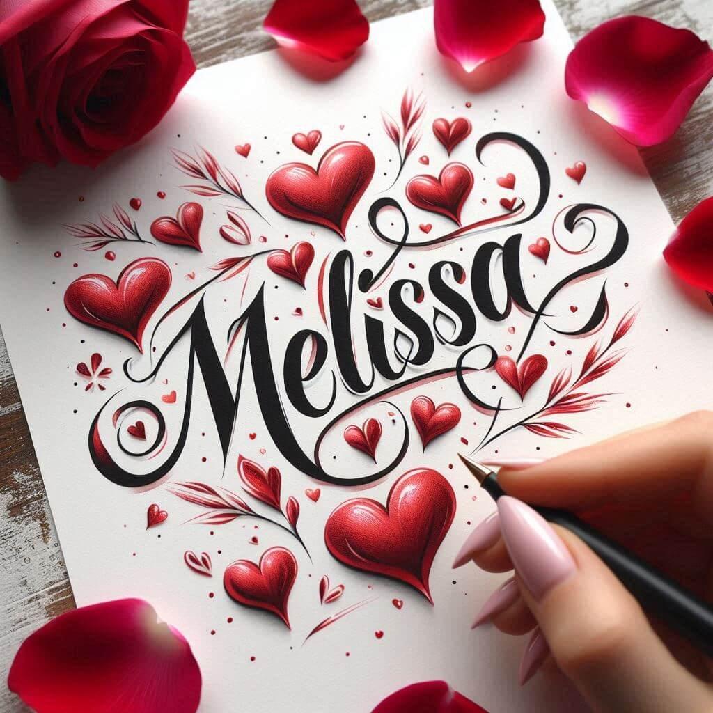 Le prenom melissa ecrit en calligraphie sur un papier avec des c urs dessines en rouge et des petales de roses inspire de lamour melissa 1 1