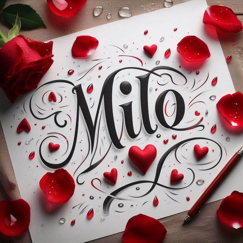 Le prenom milo ecrit en calligraphie sur un papier avec des c urs rouges des petales de rose et des gouttes de eau 1