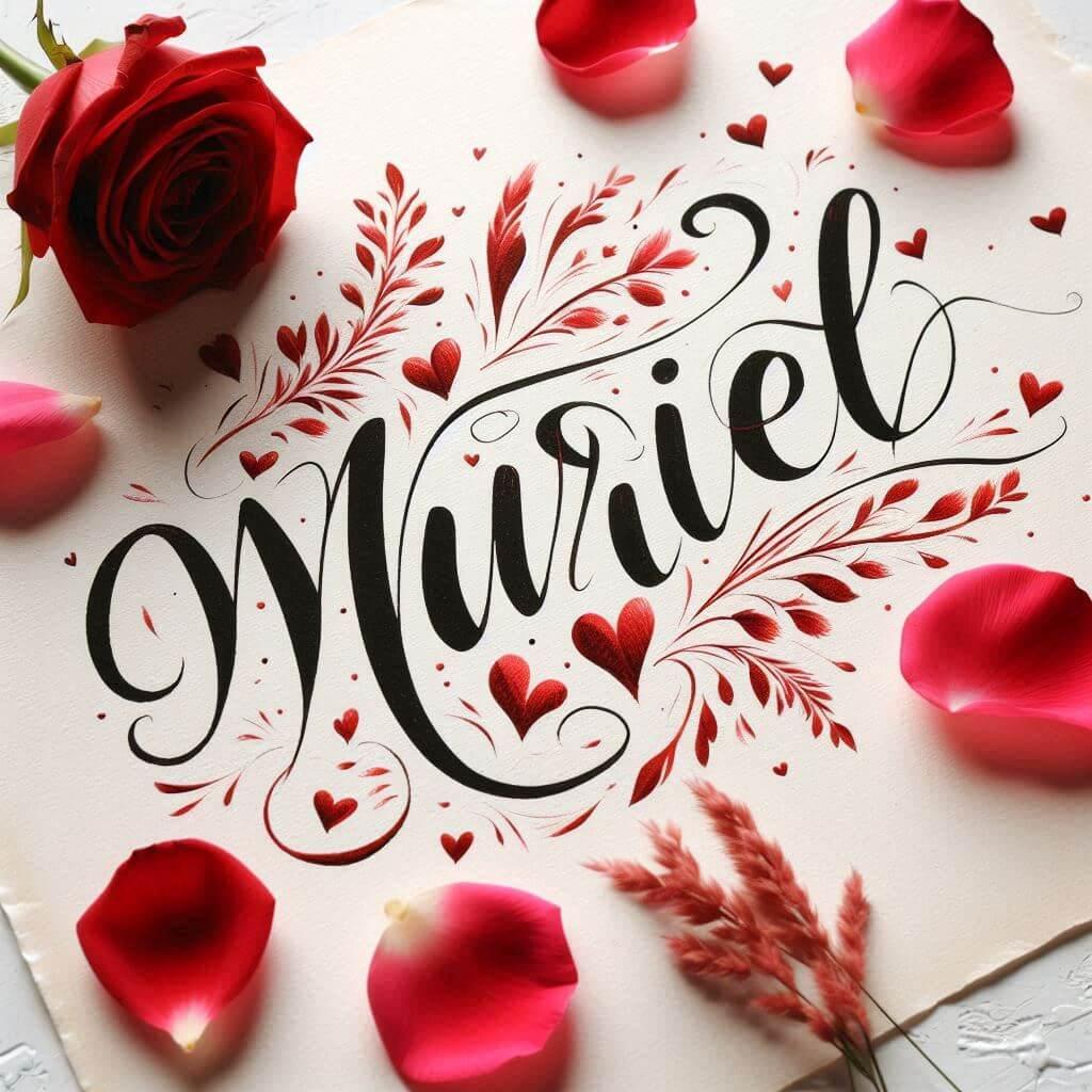 Le prenom muriel ecrit en calligraphie sur un papier avec des c urs dessines en rouge et des petales de roses inspire de lamour muriel 1
