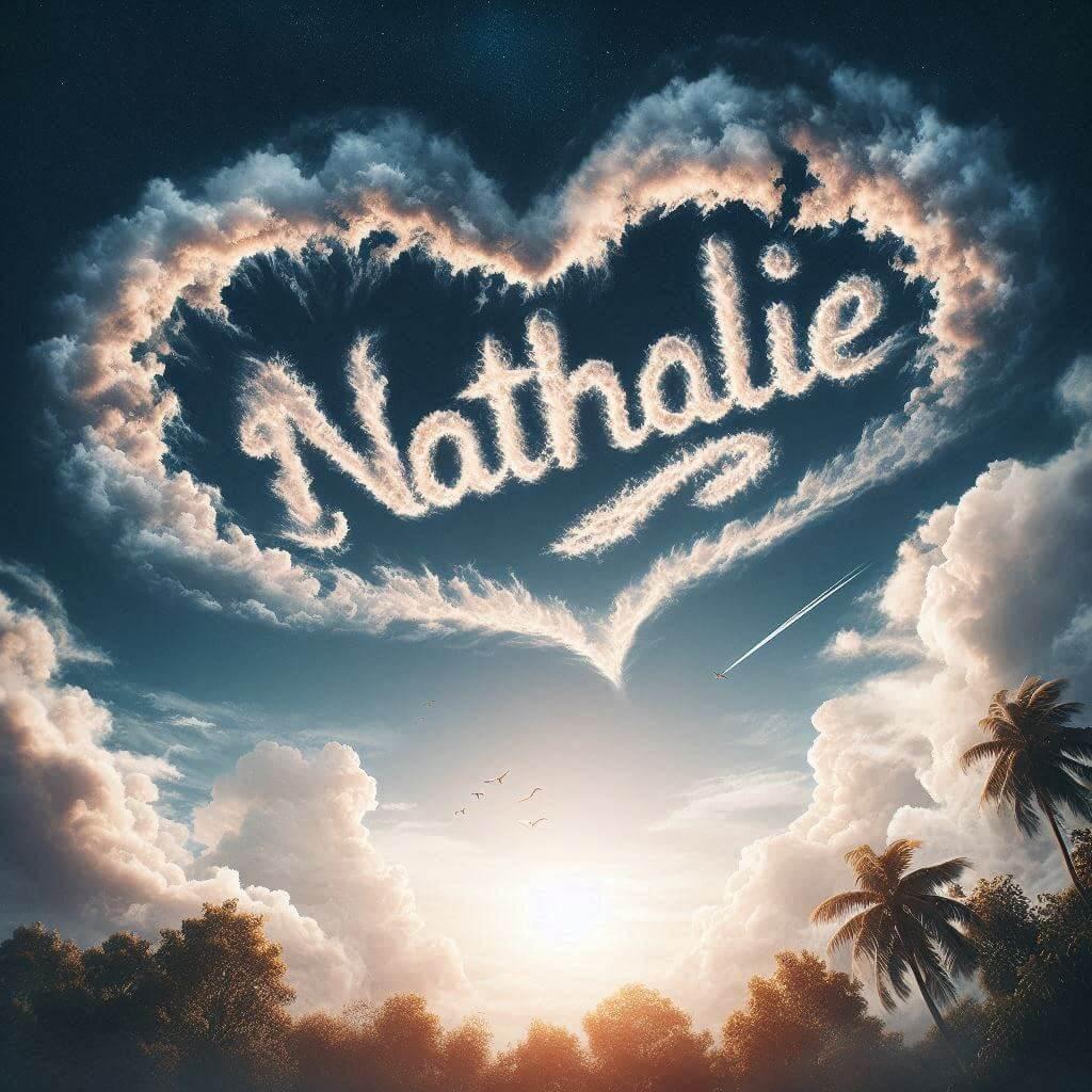 Le prenom nathalie ecrit avec les nuages dans le ciel avec des nuages en forme de coeur 3