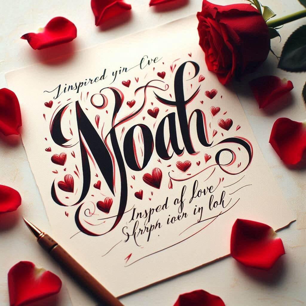 Le prenom noah ecrit en calligraphie sur un papier avec des c urs