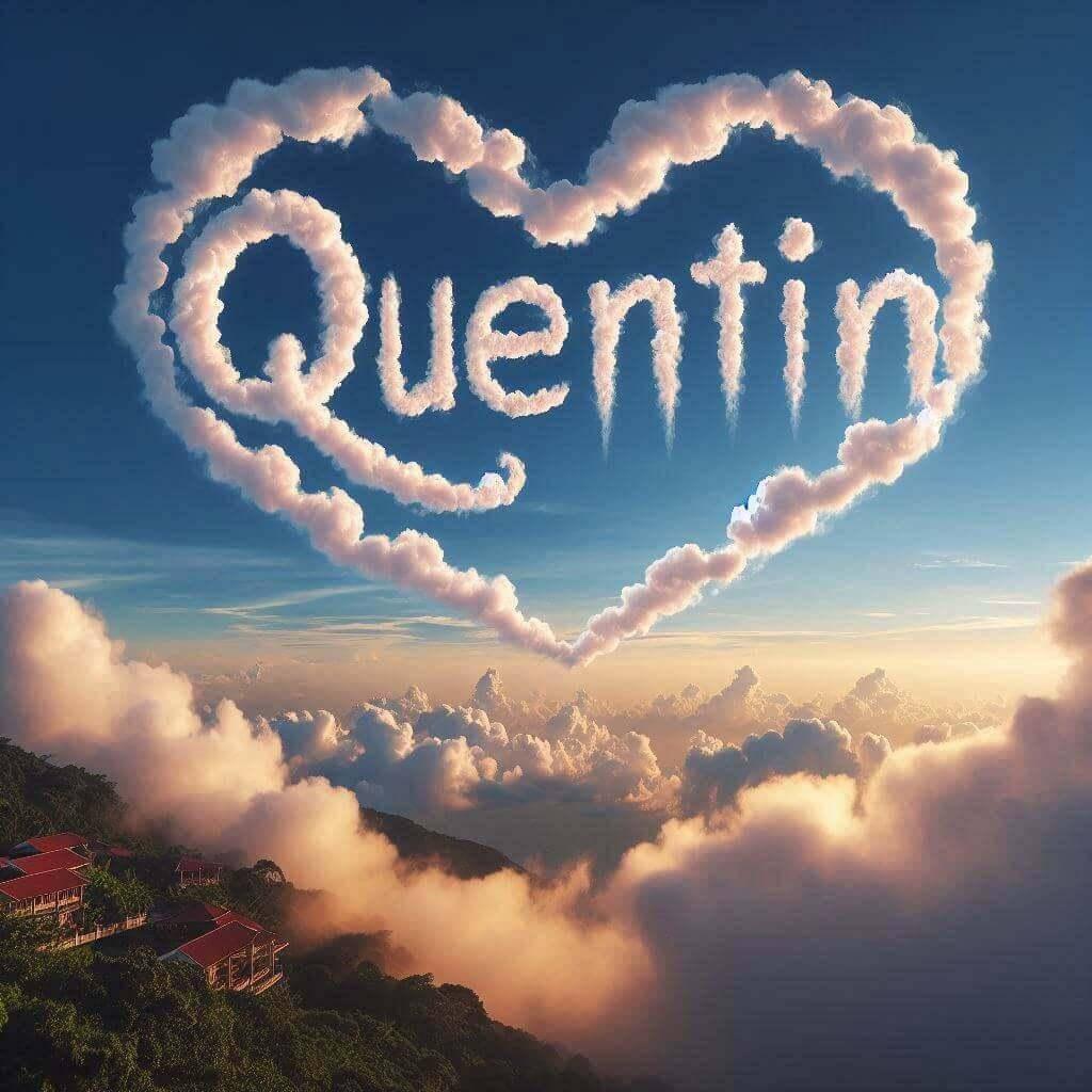 Le prenom quentin ecrit avec les nuages dans le ciel avec des nuages en forme de coeur