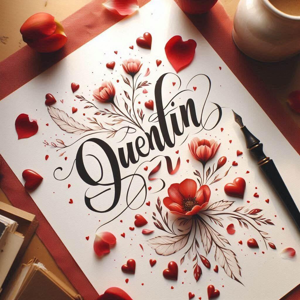 le prénom quentin ecrit joliment en calligraphie sur un papier inspiré de l'amour
