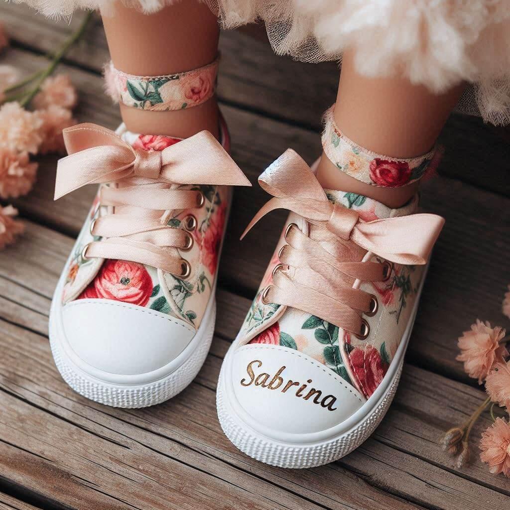 Le prenom sabrina ecrit sur des baskets fleuri porte par une petite fille 2